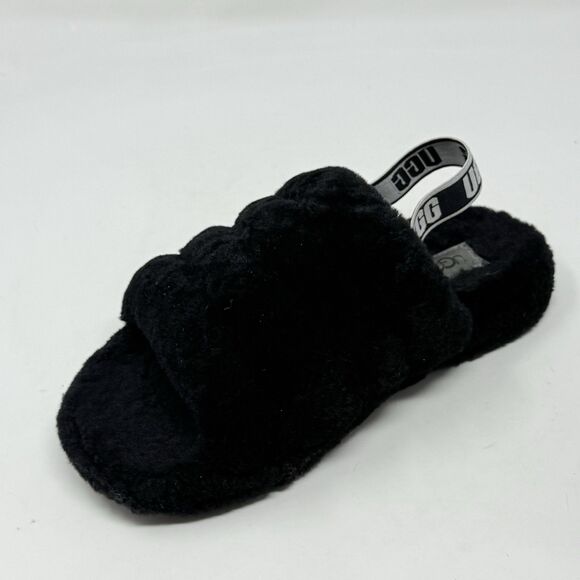 UGG Fluff Yeah Shearling Slingback Slippers Kids Girls 5 Black Red Open Toe - Picture 8 of 14